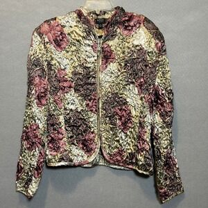 VTG Zip Front Jacket Women's PXL Floral Cottagecore Rave Granny Stretch Sequins